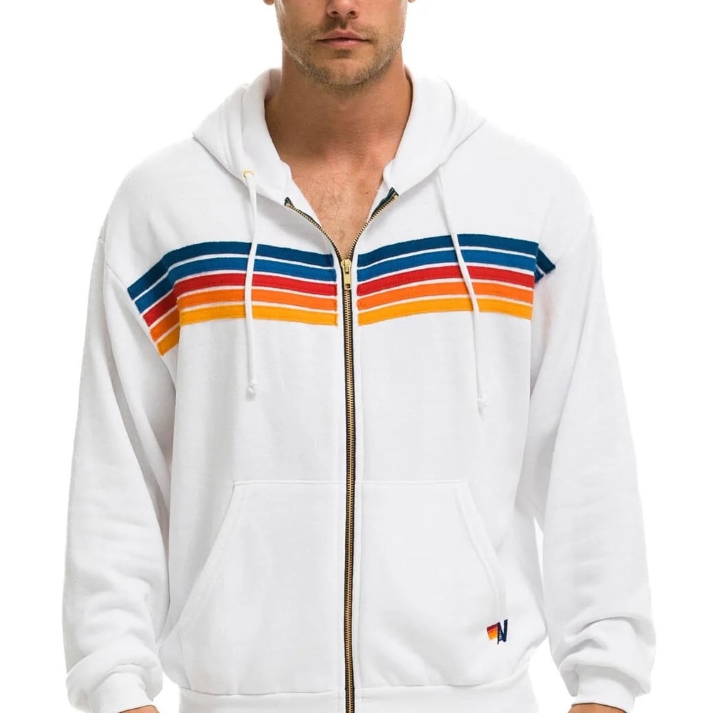 Aviator Nation 5 Stripe Relaxed Zip Hoodie - White